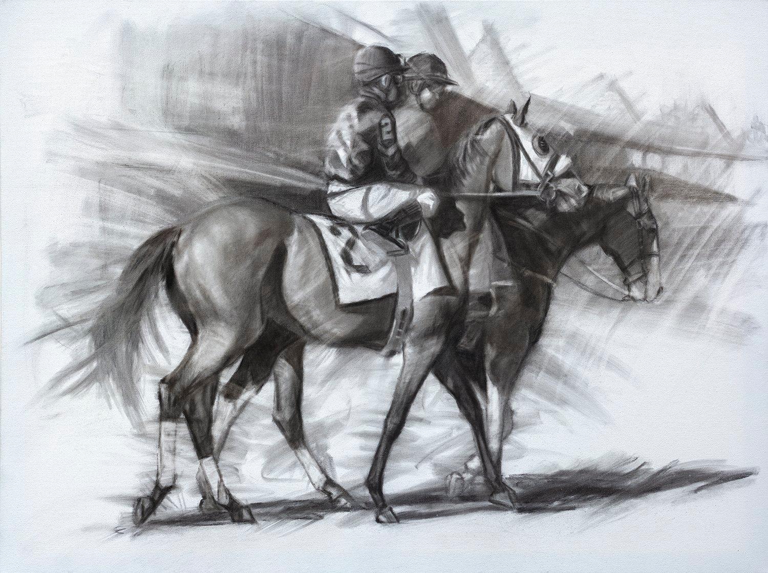 Shawn Faust, « Stepping onto the Track », course de chevaux d'équitation noirs et blancs 