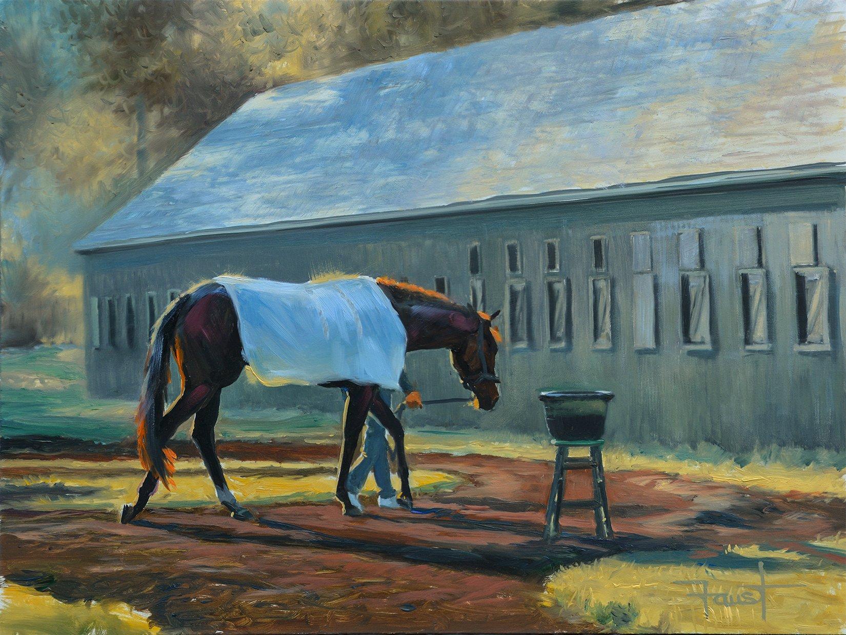 Ce dessin équin, "Water Stool", est une peinture à l'huile sur toile 12x16 de l'artiste Shawn Faust représentant un cheval dans la ligne droite arrière après une séance d'entraînement matinale. Dans la fraîcheur d'un matin d'automne, un cheval