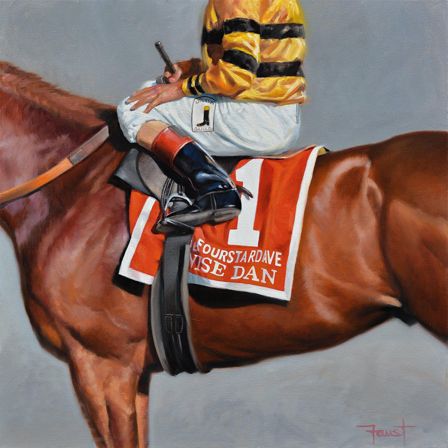 Cette œuvre équine, "Wise Dan", est une peinture à l'huile sur toile 24x24 de l'artiste Shawn Faust représentant un cheval de course, Wise Dan, sur lequel est monté le jockey John R. Velazquez. Un recadrage intrigant de la composition attire le