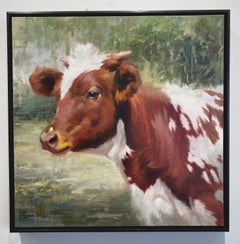 Shawn Faust, "Youngin II", 24x24 Cow Portrait Oil Painting on Canvas 