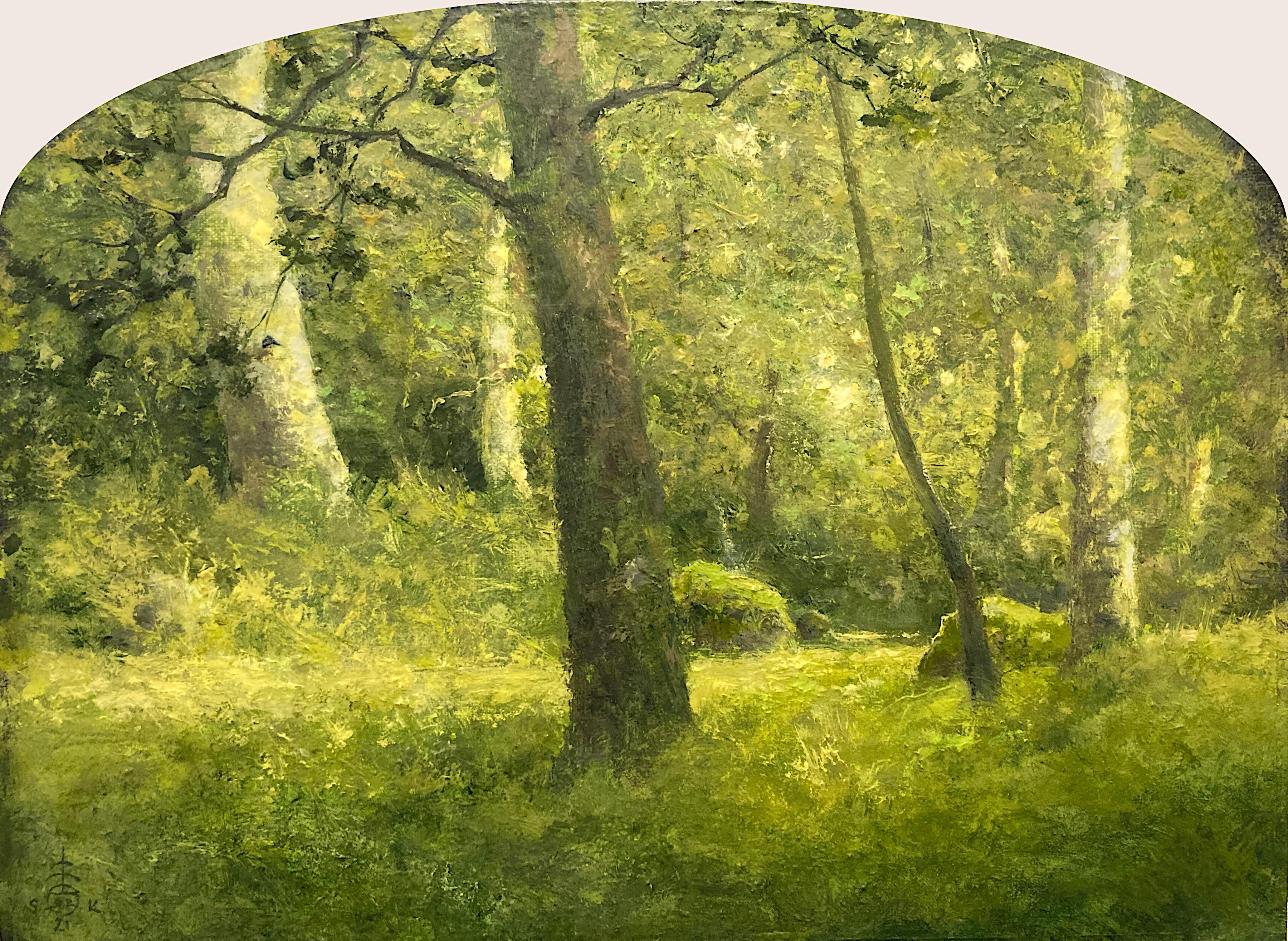 Shawn Krueger Landscape Painting – Ölgemälde ""Ein Spaziergang in den Hölzern (Alles ist grün),"