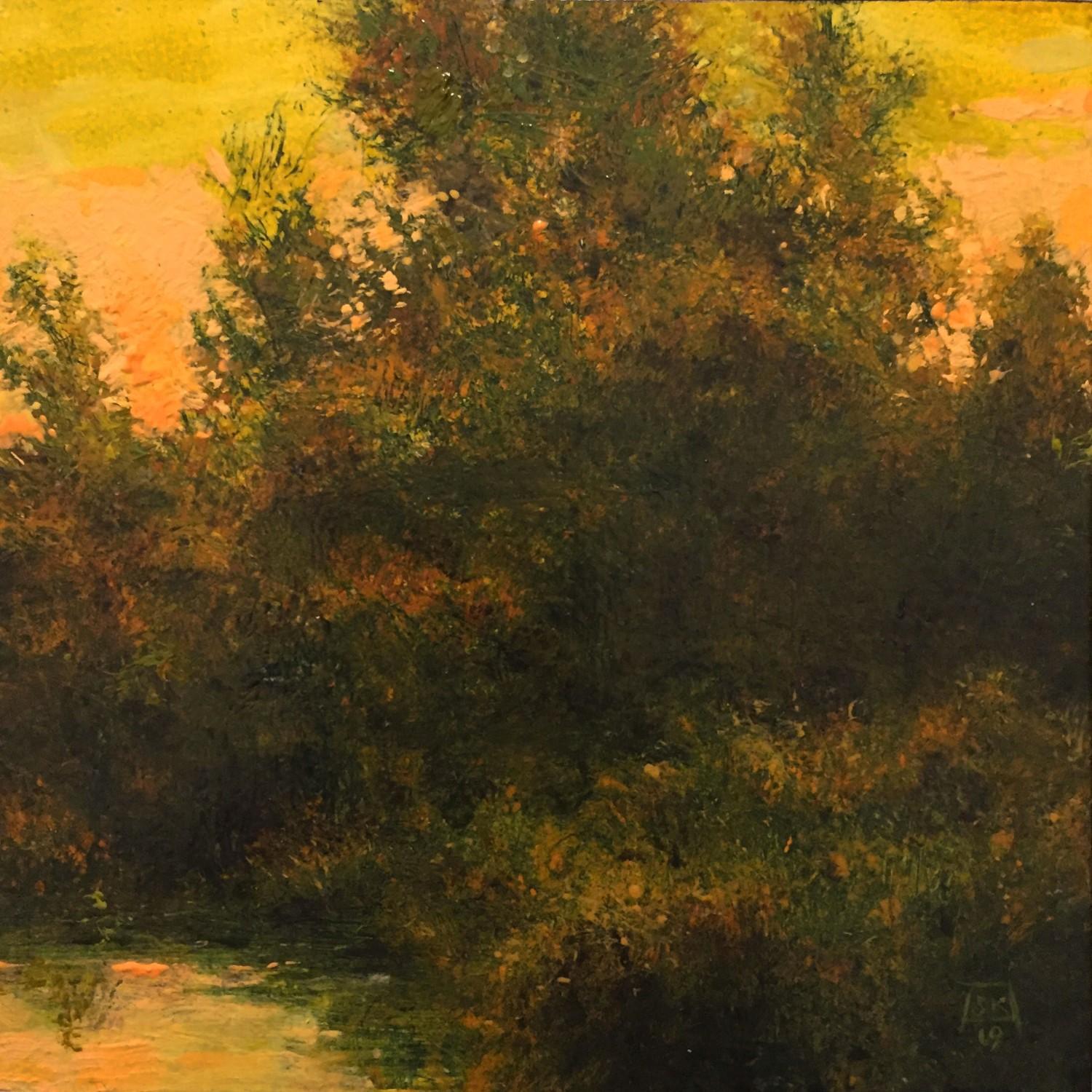 Figurative Painting Shawn Krueger - "Evening (Ode to B. Foster), peinture à l'huile originale d'un paysage d'automne