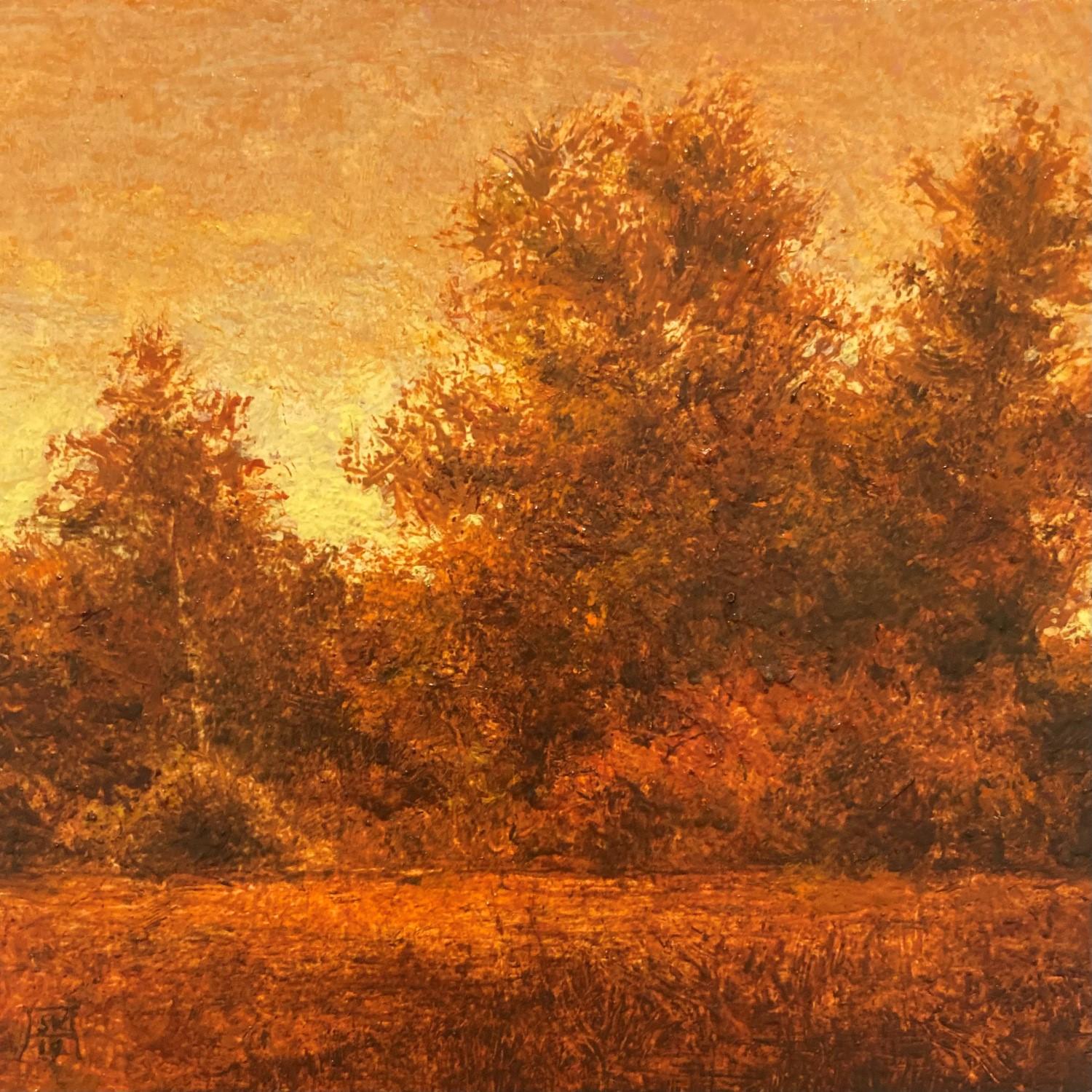 Landscape Painting de Shawn Krueger - "Cálido atardecer otoñal", pintura al óleo original de paisaje otoñal