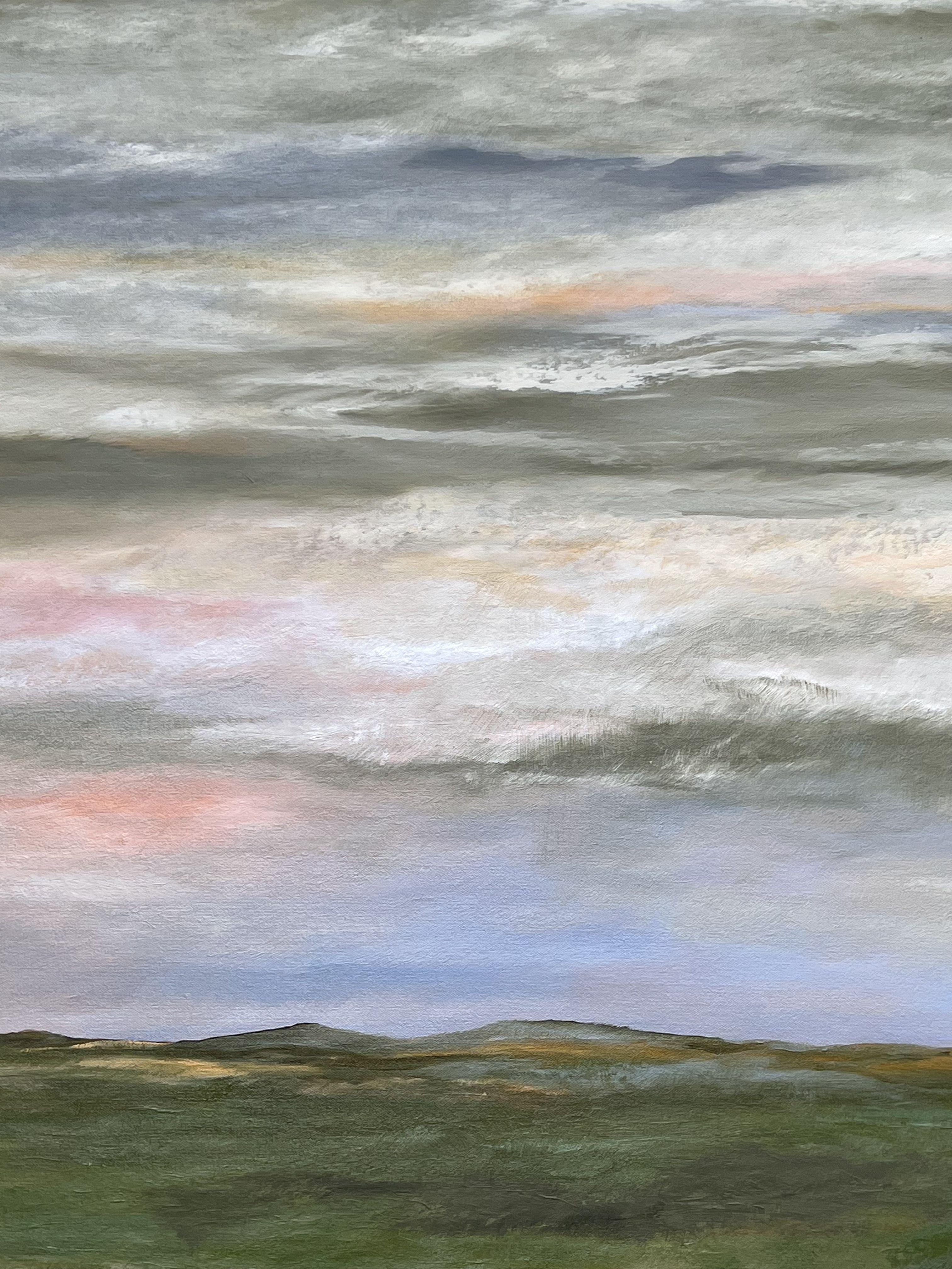This painting was inspired by a beautiful day surrounded by layers of clouds that seemed celestial in the way they were layered. I strive to create depth, atmosphere, and escape on the canvas, often with a focus on the horizon. Details giving clues