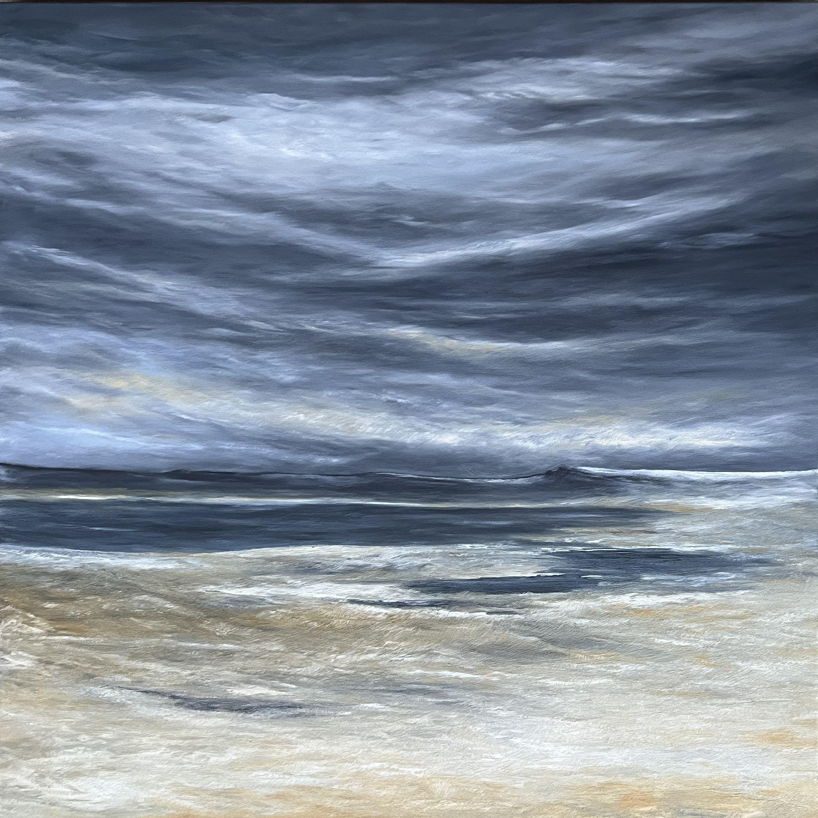 This painting was inspired by the ocean, the night sky, and the horizon in between. I strive to create depth, atmosphere, and escape on the canvas, often with a focus on the horizon. Details giving clues about season or specific location are not as