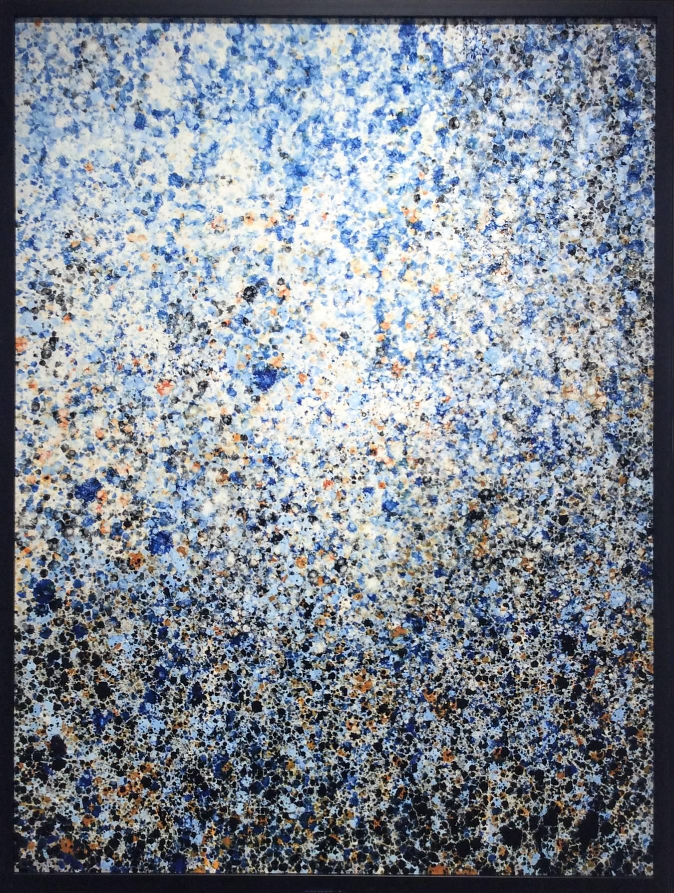 Vertical gestural abstract painting on canvas in a complex splattering of sapphire blue, sienna orange, and black
Oil, alkyd and mineral spirits on canvas framed in a simple black moulding. 
48 x 36 inches unframed, 49.5 x 37.5 inches