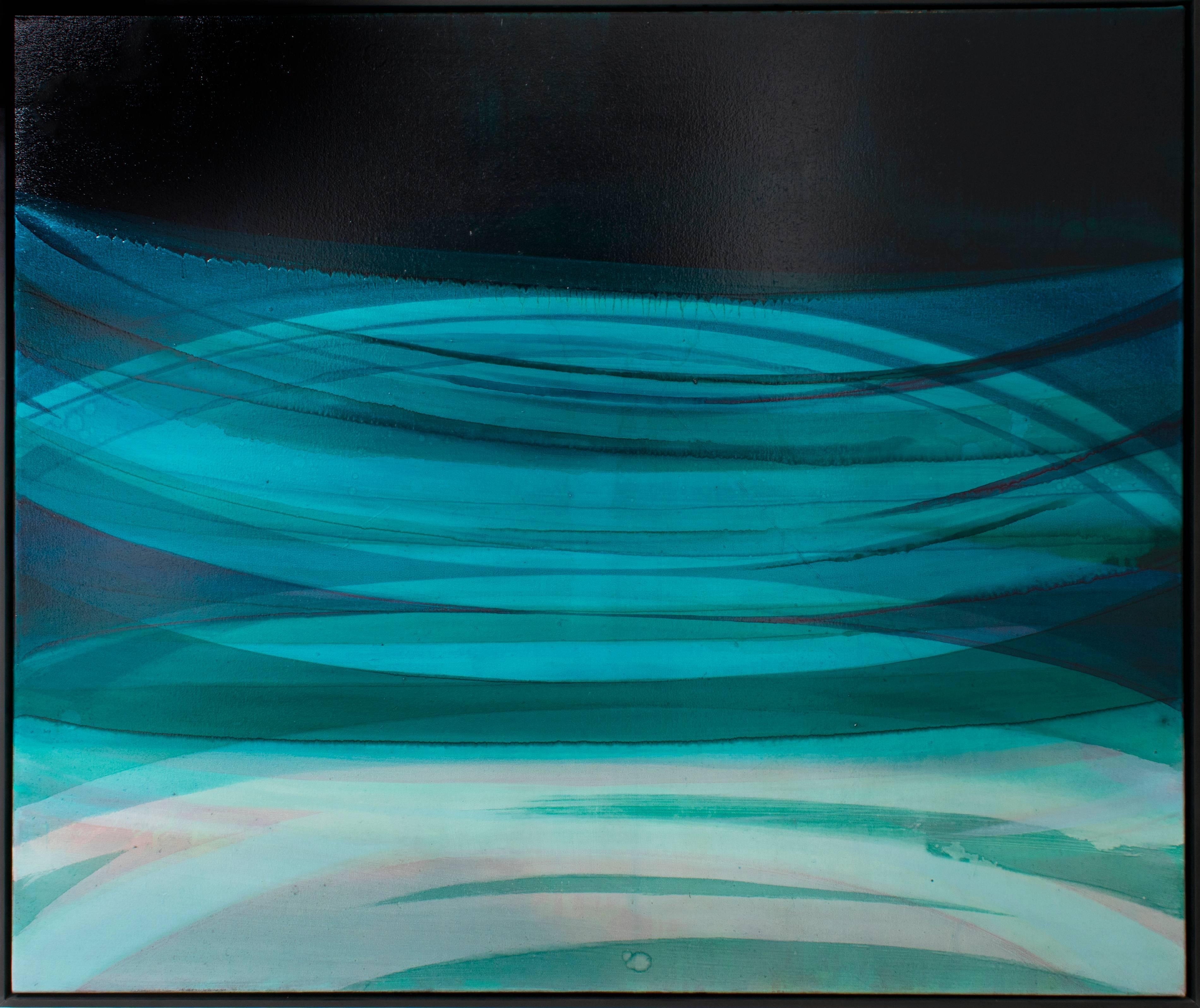 Abstract Painting Shawn Snow - Vortices (peinture de champ de couleurs abstraite minimaliste en aquarelle, bleu foncé et noir)