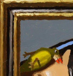 „Fledermausservierschale“ von Shawn Sullivan, Ölgemälde eines Fledermaus, der mit gelbem Vogel beim Essen