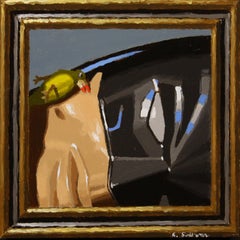 "Bat Nap" par Shawn Sullivan, peinture à l'huile de l'homme chauve-souris faisant la sieste avec l'oiseau jaune