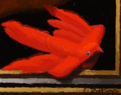 „Follow Me“ von Shawn Sullivan, Ölgemälde einer männlichen Maske mit rotem Vogel