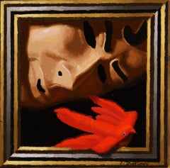 « Follow Me » de Shawn Sullivan, peinture à l'huile d'un masque masculin avec un oiseau rouge