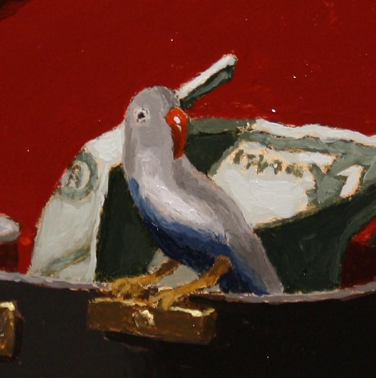„Little Busker“ von Shawn Sullivan, Ölgemälde eines grauen Vogels in Buskers Etui im Angebot 1