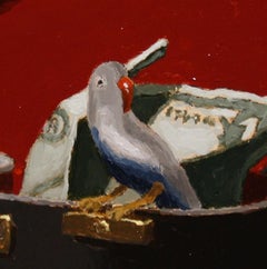 „Little Busker“ von Shawn Sullivan, Ölgemälde eines grauen Vogels in Buskers Etui