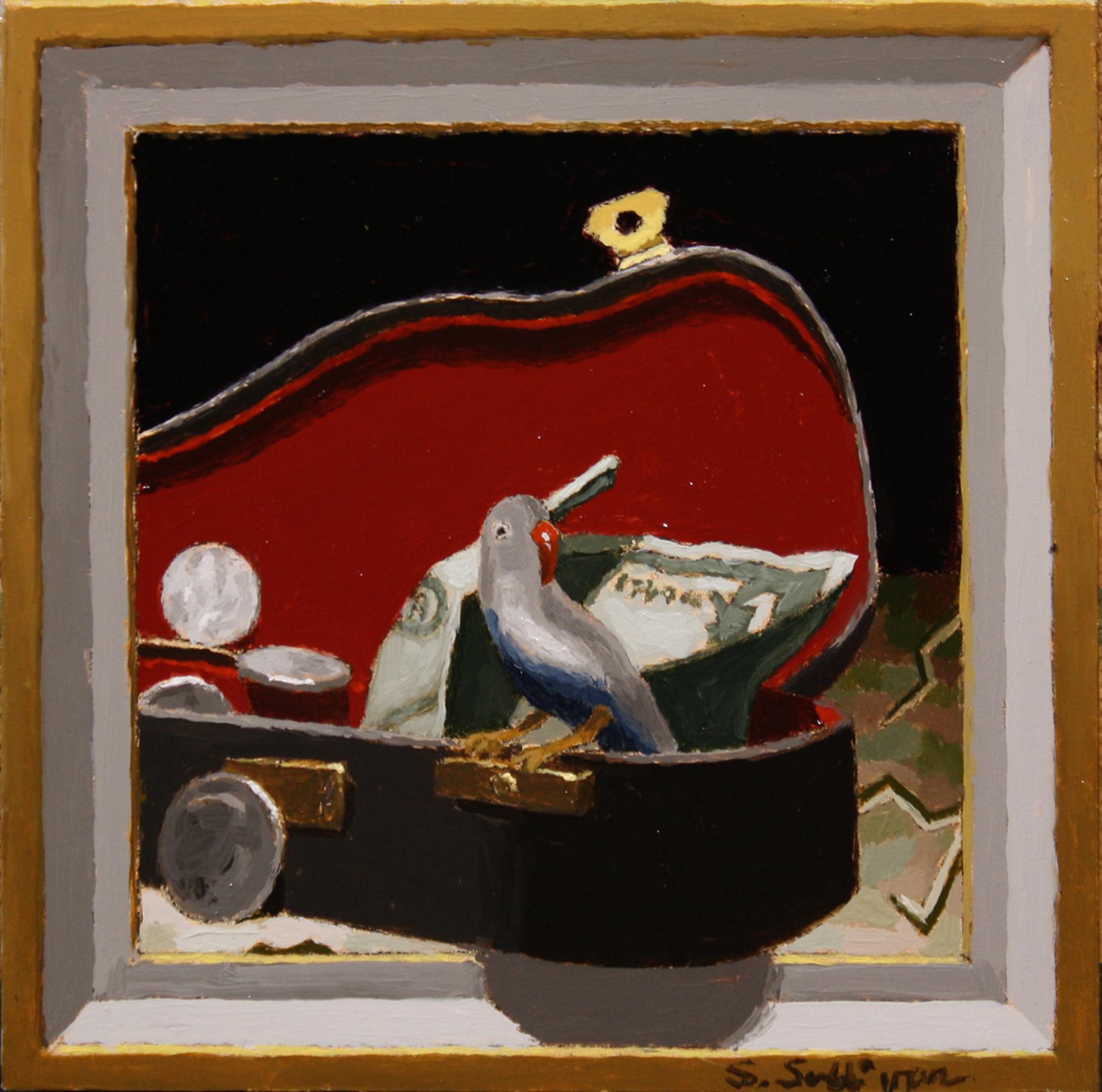 "Little Busker" di Shawn Sullivan, dipinto a olio di un Gray Birds nella custodia del busker