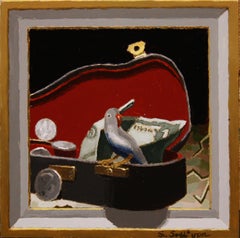 "Little Busker" di Shawn Sullivan, dipinto a olio di un Gray Birds nella custodia del busker