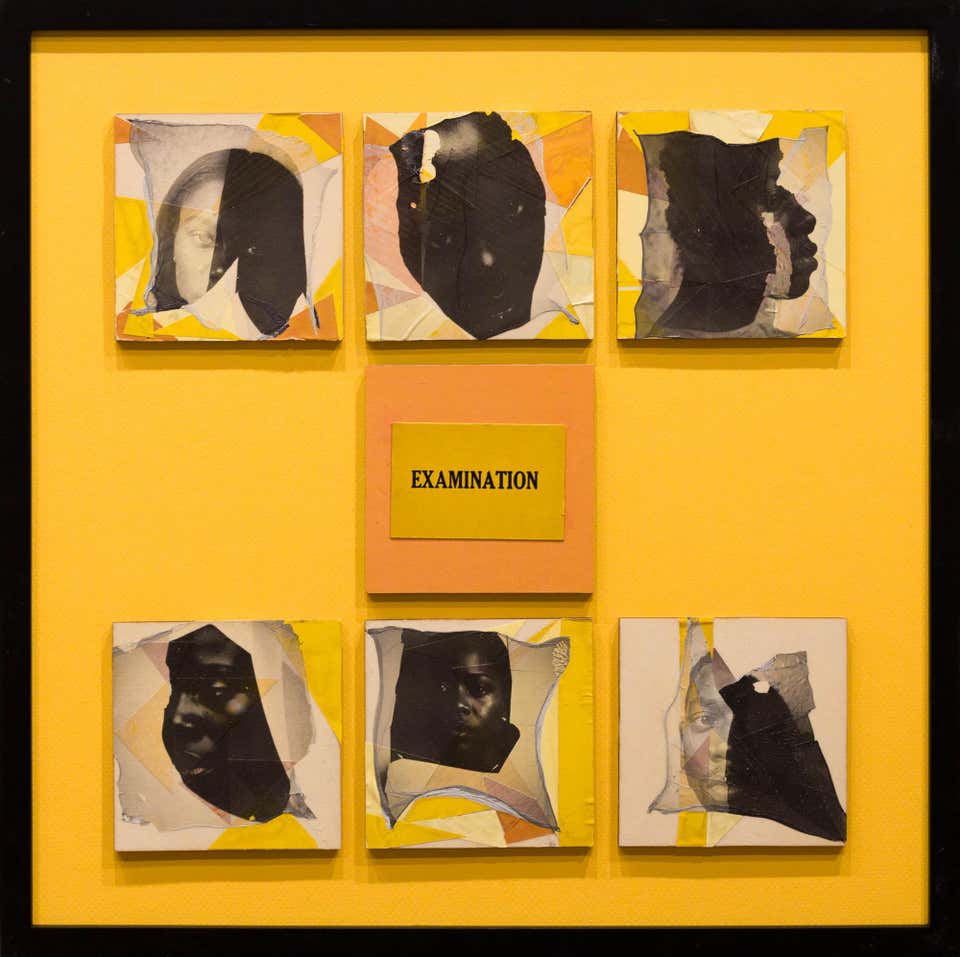 "EXAMINATION" Assemblage of found photos and polaroid lift on panel