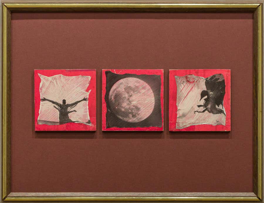 "Harvest" Assemblage of vintage and found photos lifted onto painted wood panel