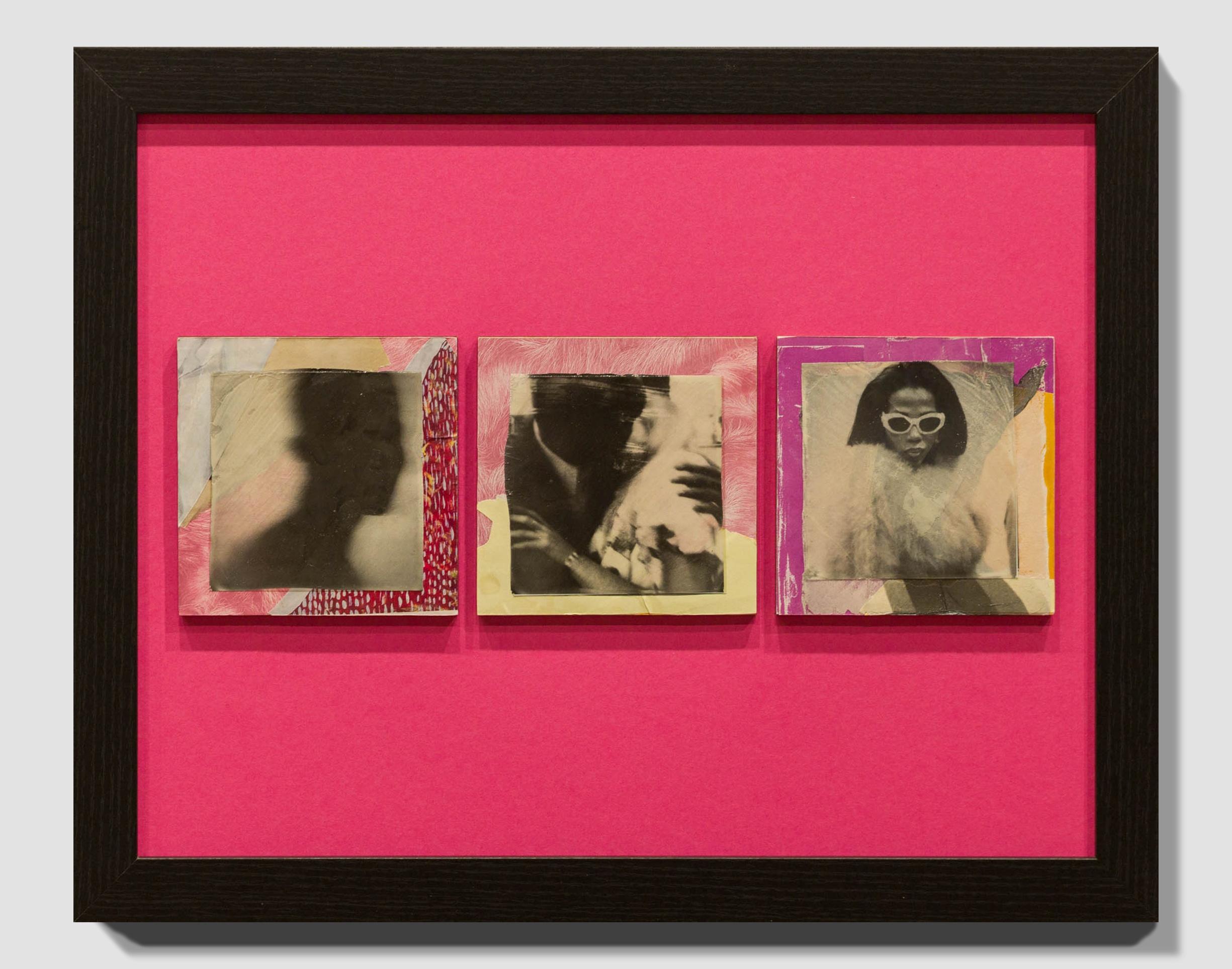 „Love is Gonna Getcha“ Assemblage aus gefundenen Fotos, Polaroid-Gelenk auf lackiertem Holz im Angebot 1