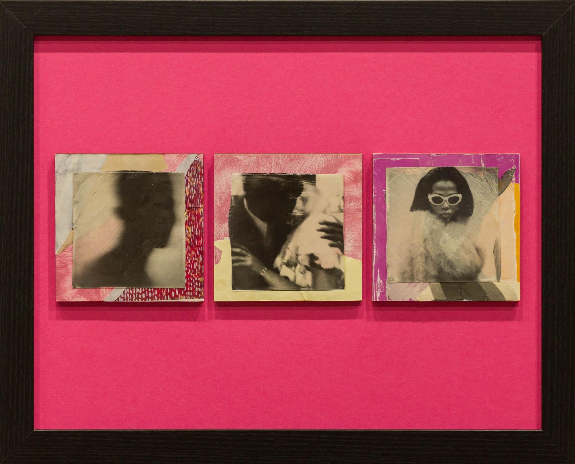 "Love is Gonna Getcha" Ensamblaje de fotos encontradas, levantamiento de polaroid sobre madera pintada