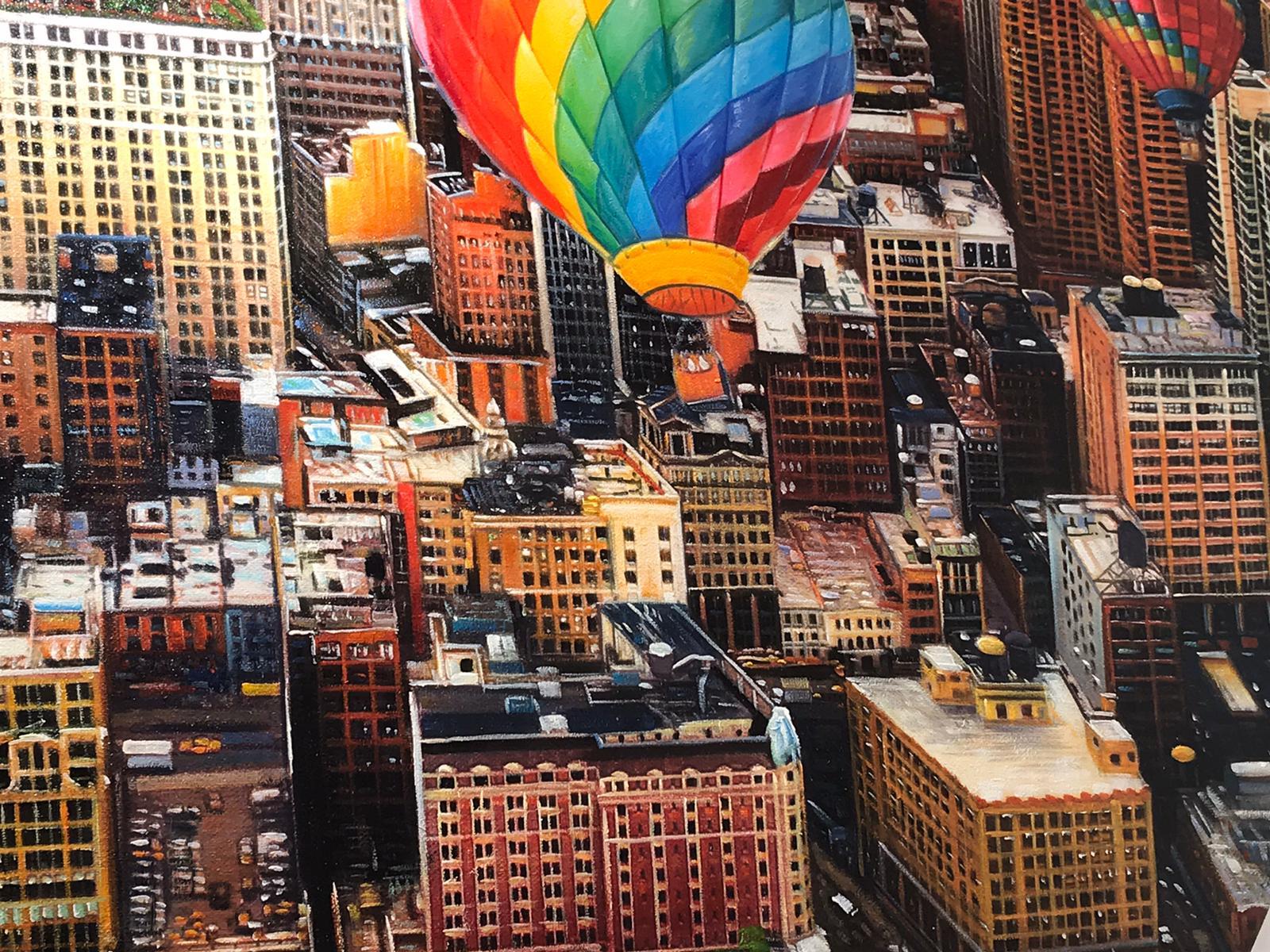 Balloons over Manhattan   - Brown Landscape Painting by Shay Kun