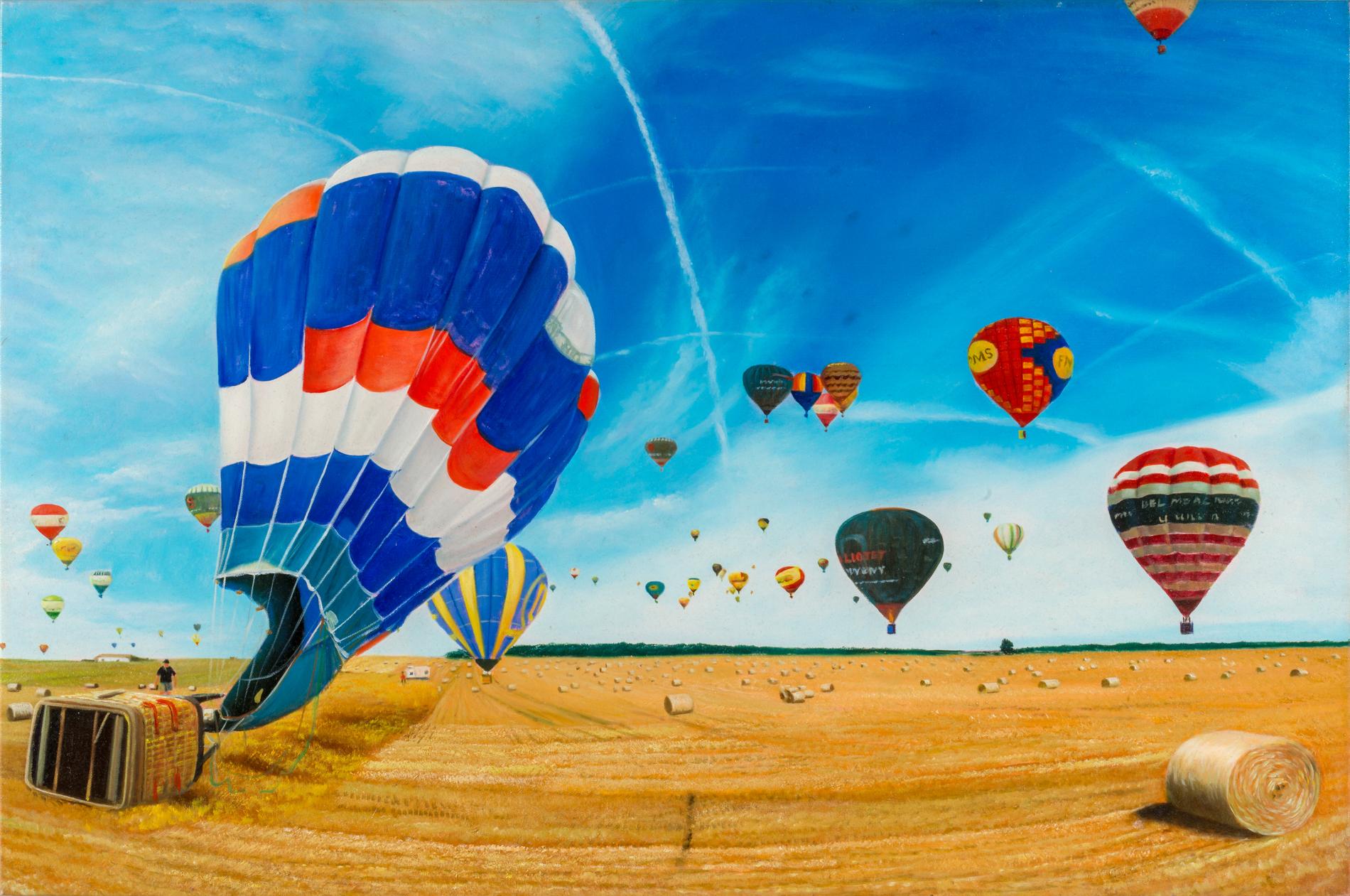 Shay Kun, air en ballon, huile sur toile, Figuratif, style symboliste, paysage, artiste israélo-américain, art israélien, 2012