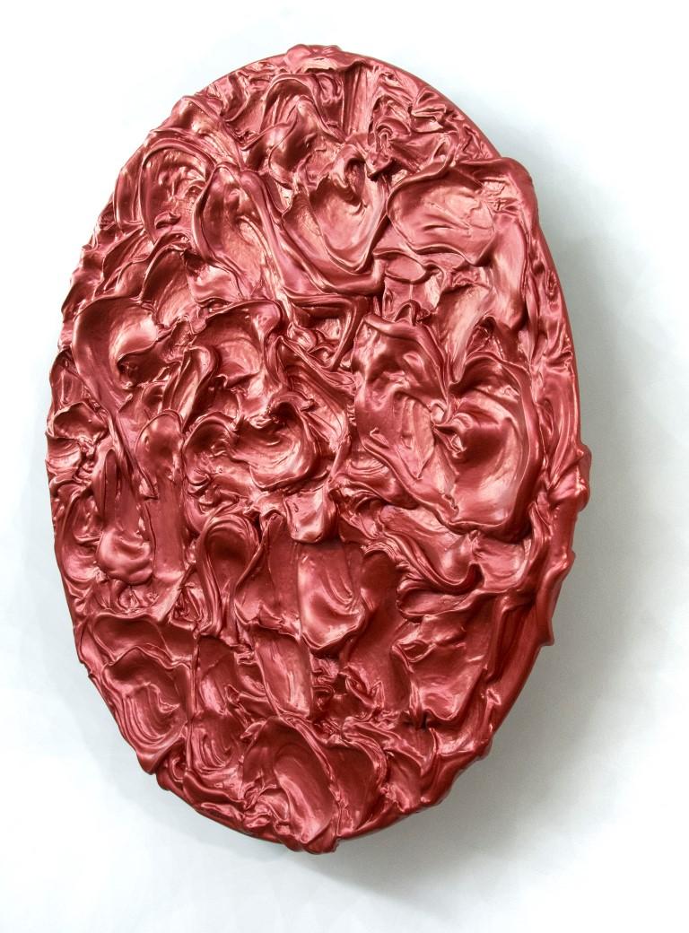 Storm Surge Tondo Red - bold, glossy, impasto, abstract, acrylic on aluminum - Painting by Shayne Dark