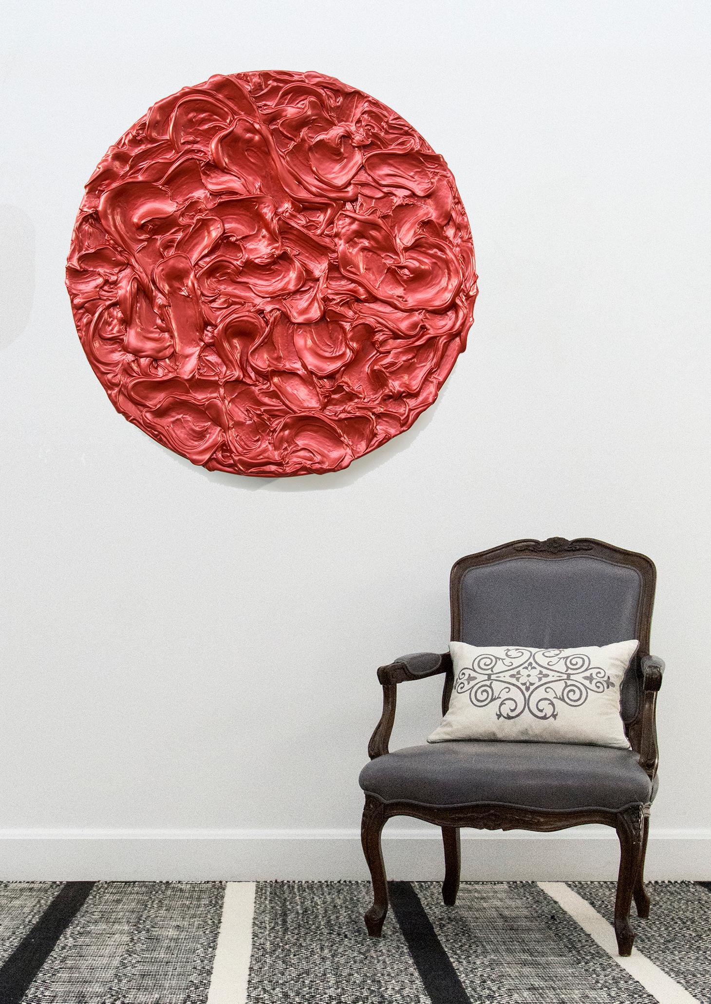 Storm Surge Tondo Red - audace, lucido, a impasto, astratto, acrilico su alluminio in vendita 1