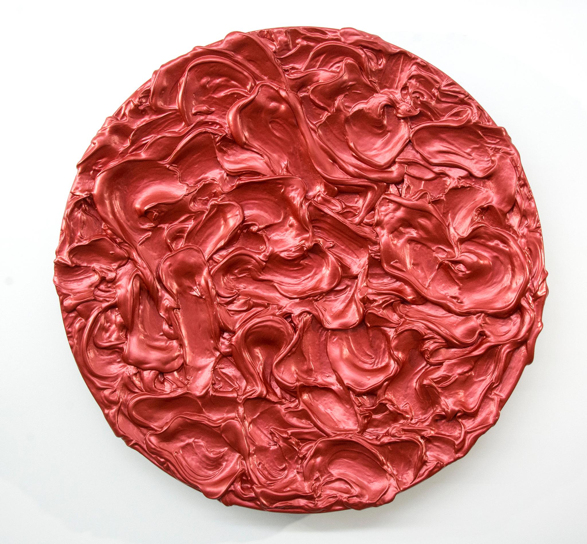 Shayne Dark Abstract Painting - Storm Surge Tondo Red - bold, glossy, impasto, abstract, acrylic on aluminum