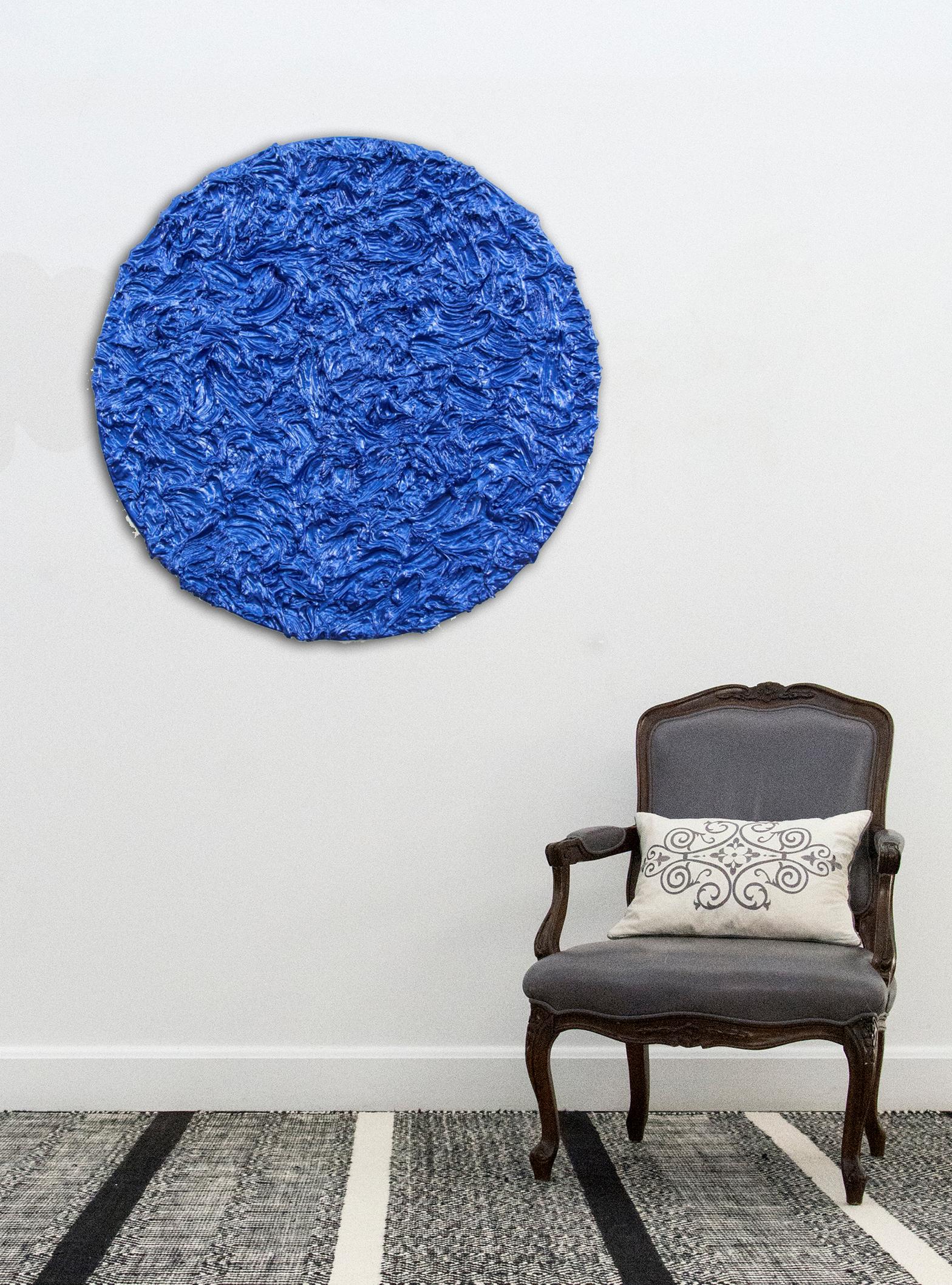 Storm Surge Tondo Cobalt - glossy, blue, impasto, abstract, acrylic on aluminum - Contemporary Painting by Shayne Dark