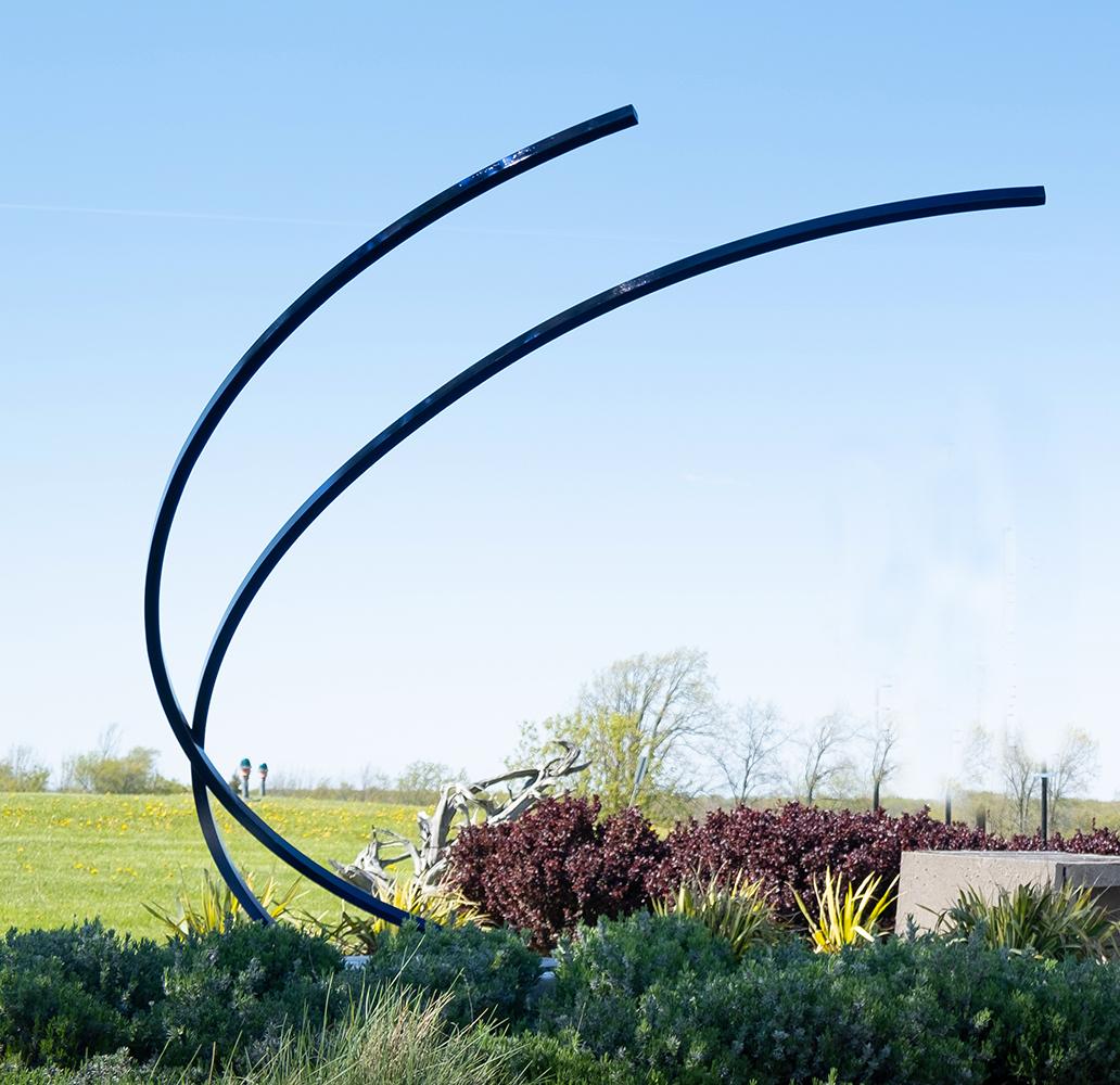 Shayne Dark Abstract Sculpture - Arc - large scale, blue, geometric abstract, coated steel outdoor sculpture