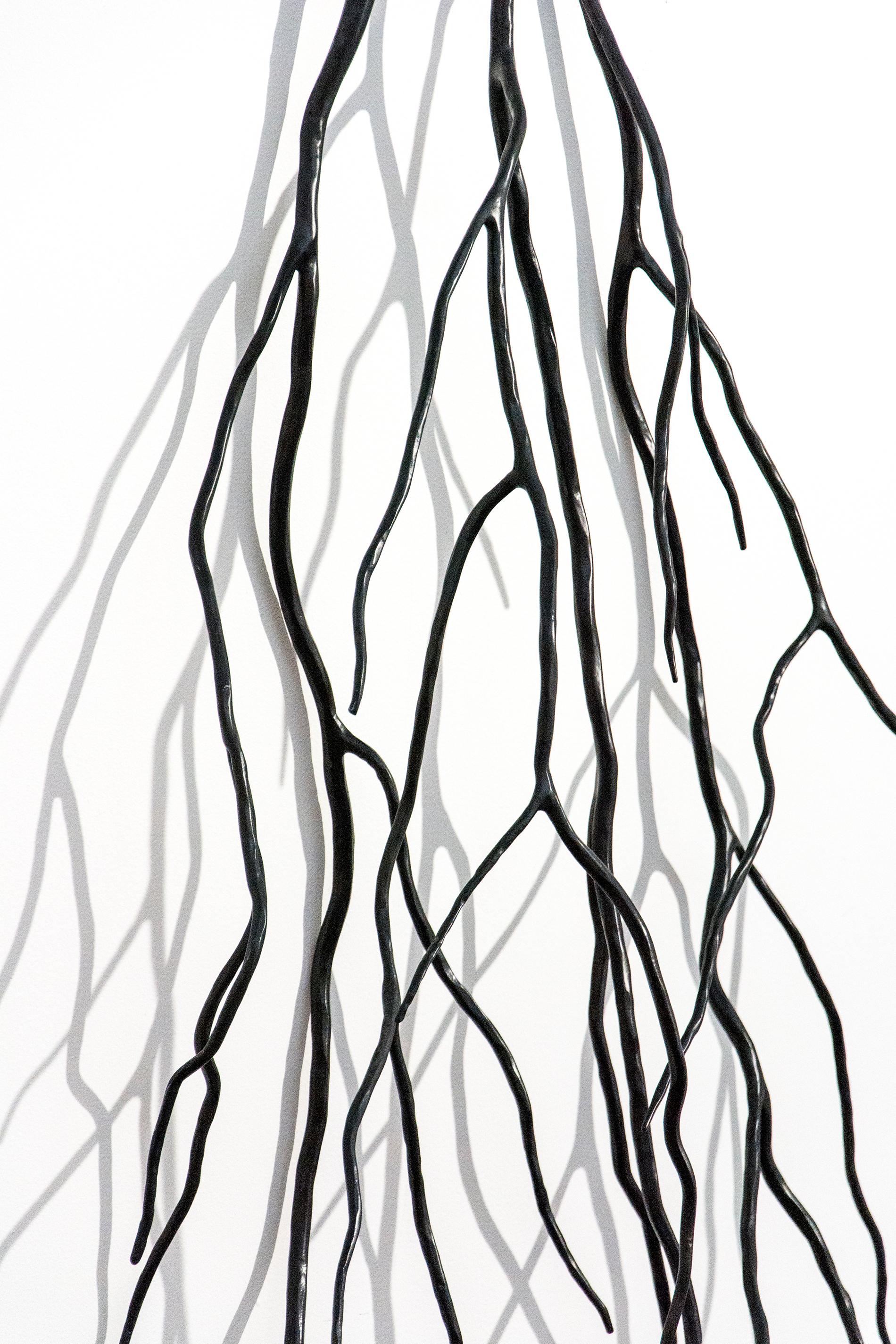 This striking, powder coated steel bough by Shayne Dark resembles a network of dangling roots or veins. Poised between representation and abstraction, this intricate hand forged wall sculpture is saturated in egg shell black. 

Evocative of natural