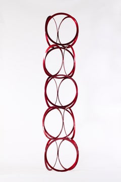 Drawing in Space - Tall, bright red, geometric abstract, coated steel sculpture