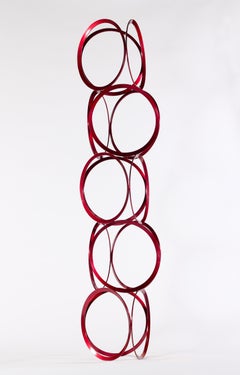 Drawing in Space - Tall, bright red, geometric abstract, coated steel sculpture