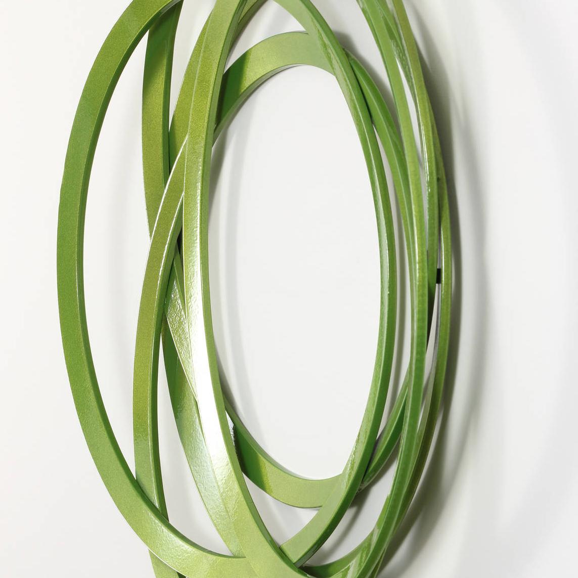 Erratic Colour Granny Smith - geometric abstract, circles, steel, wall sculpture - Sculpture by Shayne Dark