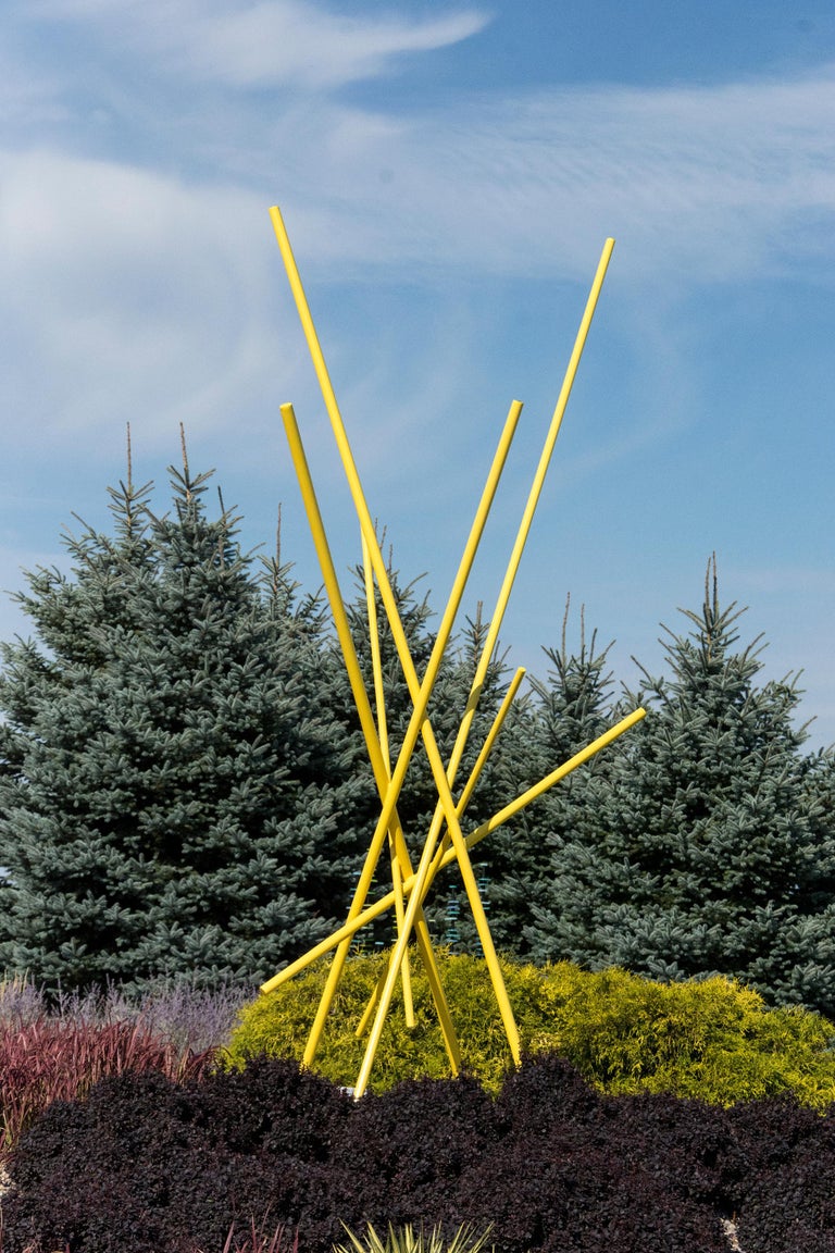 Full Tilt Yellow - Tall, glossy, abstract, powder coated steel outdoor sculpture - Contemporary Sculpture by Shayne Dark