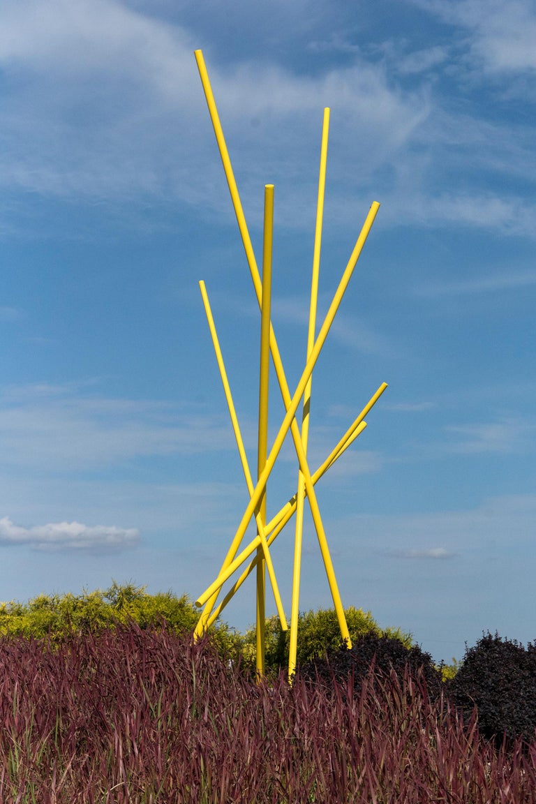 Full Tilt Yellow - Tall, glossy, abstract, powder coated steel outdoor sculpture - Sculpture by Shayne Dark