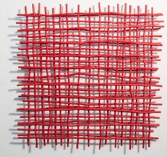 Gridlock Red - layered, grid, intersecting, forged aluminum wall sculpture