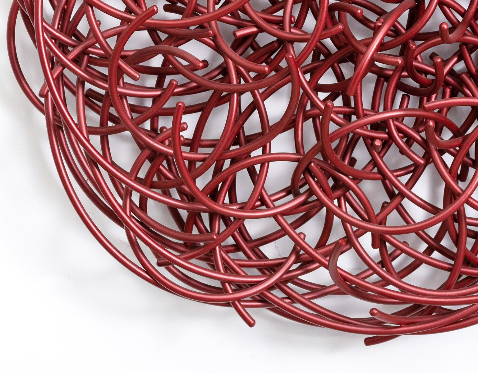 Shayne Dark’s new Maelstrom sculptures have powerful and palpable energy like the natural whirlpools this series is named after. No. 1 is an intricate tangle of round aluminum rods coated in a rich, shiny burgundy red in a circular wreath-like form.