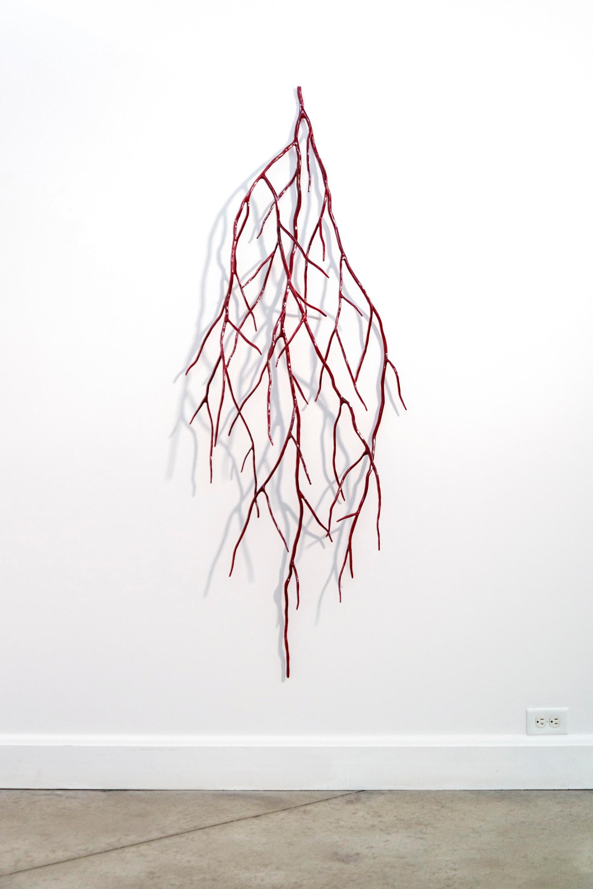 Red Bough - bright, contemporary, powder coated steel, wall sculpture - Contemporary Sculpture by Shayne Dark