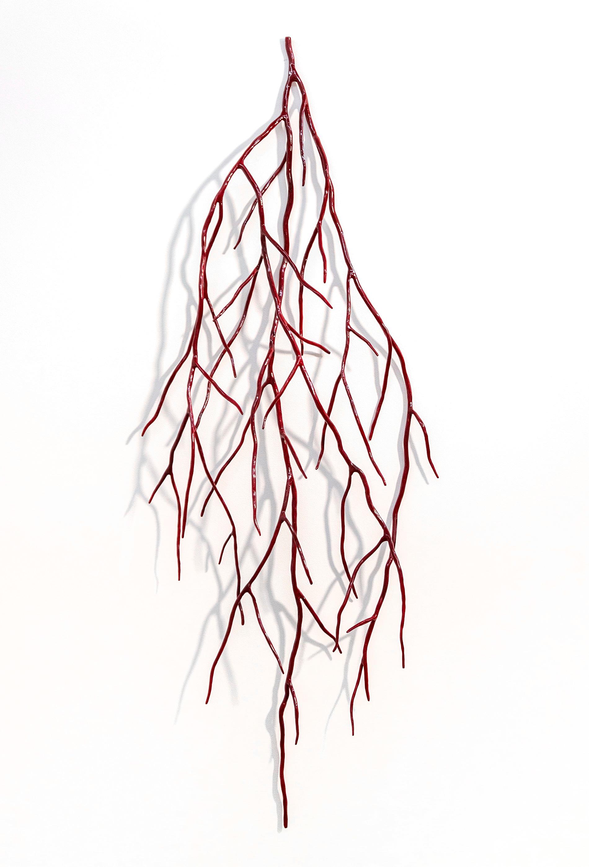 Shayne Dark Abstract Sculpture - Red Bough - bright, contemporary, powder coated steel, wall sculpture