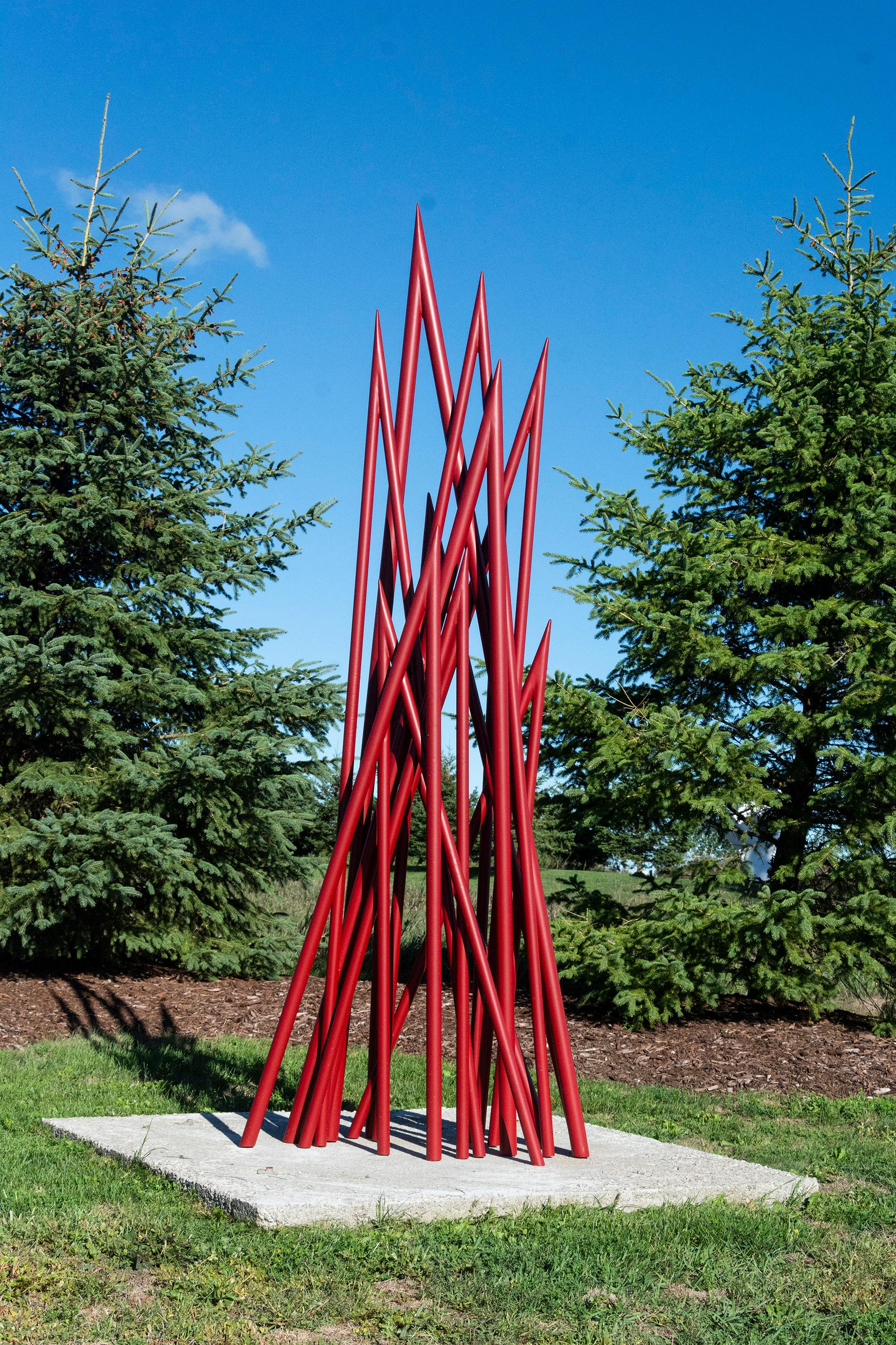 Spires - Red - large scale, intersecting spires, coated steel, outdoor sculpture - Sculpture by Shayne Dark