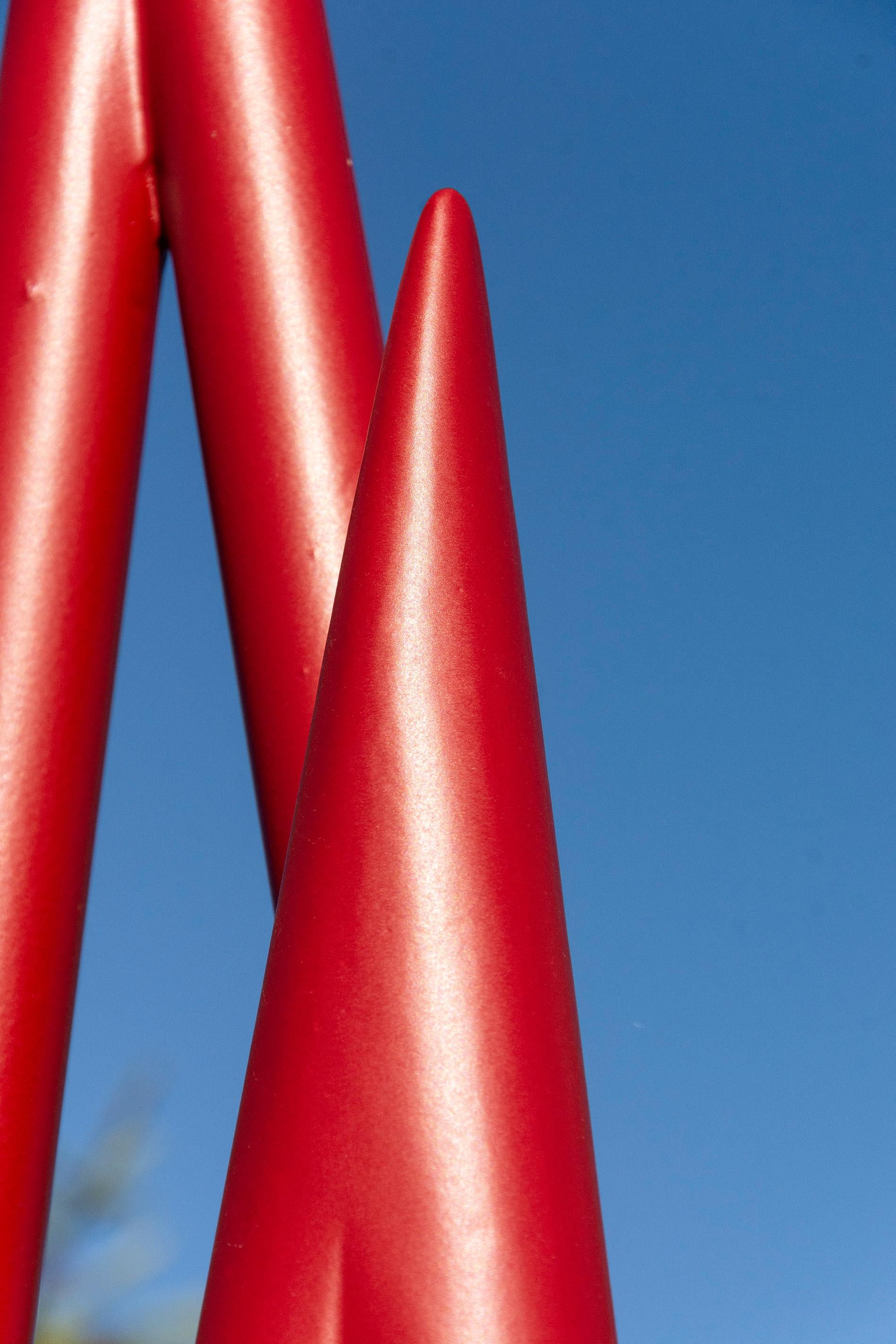 Spires - Red - large scale, intersecting spires, coated steel, outdoor sculpture - Blue Abstract Sculpture by Shayne Dark