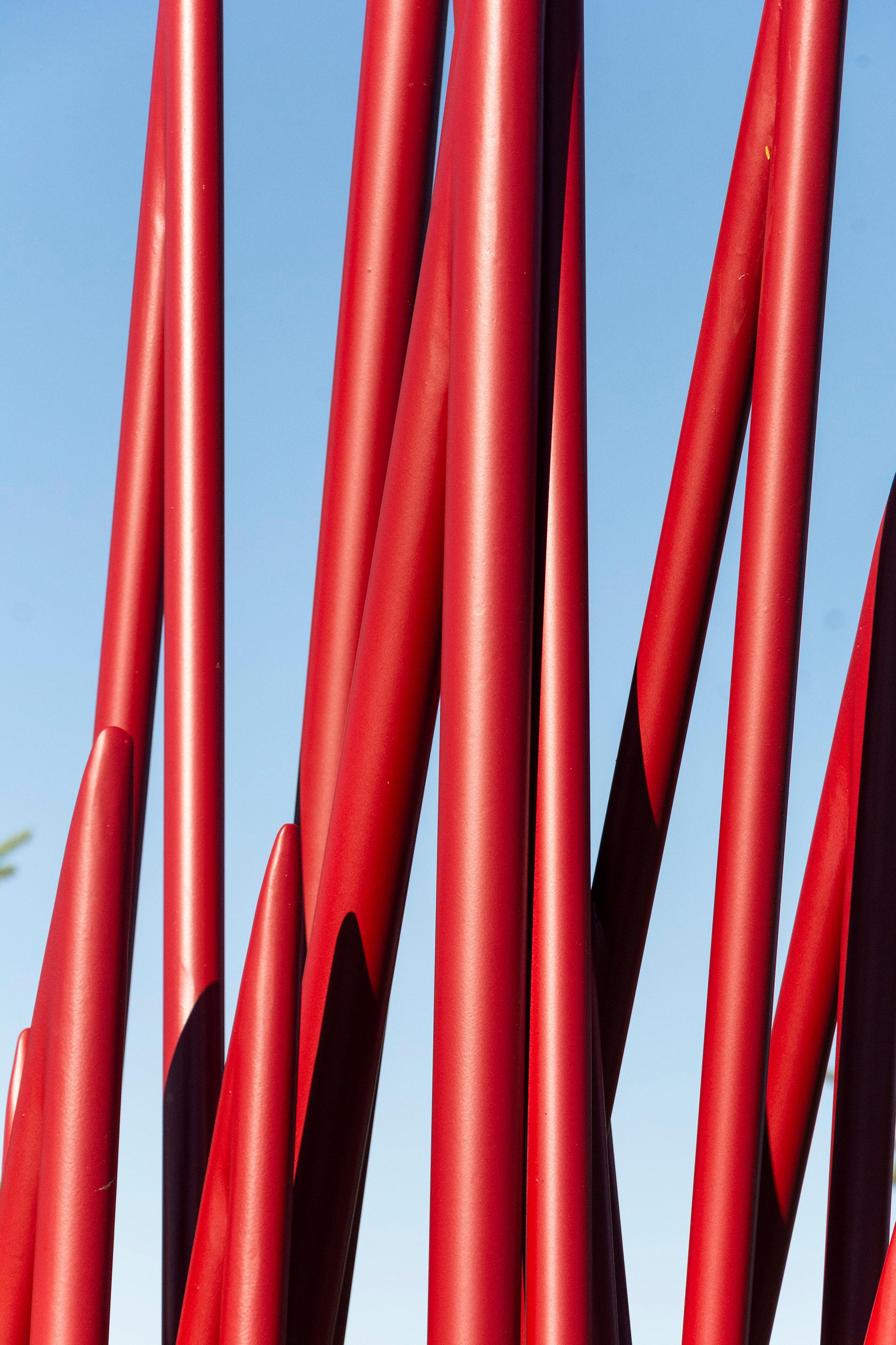 Intersecting spires of deep red emerge from the ground evoking the notion of fire. This abstract powder coated sculpture by Shayne Dark is at once organic and industrial. Suitable for outdoors and indoors. This artwork weighs approximately 500