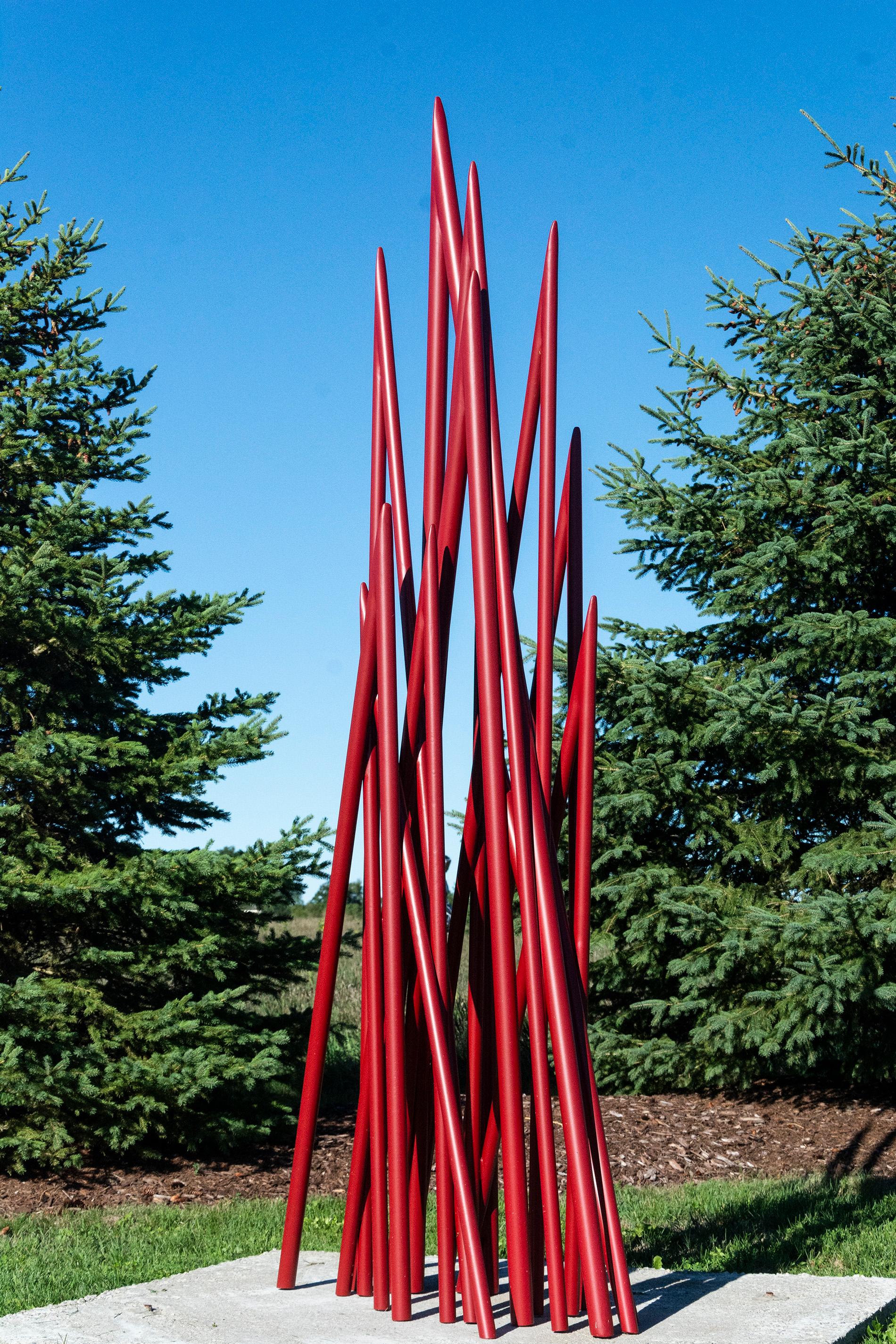 Shayne Dark Abstract Sculpture - Spires - Red - large scale, intersecting spires, coated steel, outdoor sculpture