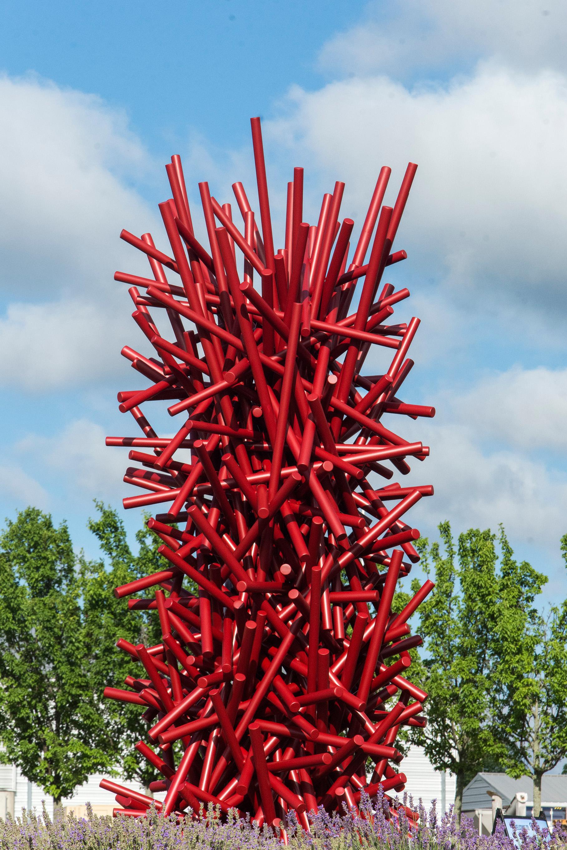 Tangled Column Red - Tall, bright, geometric abstract, coated steel sculpture - Sculpture by Shayne Dark