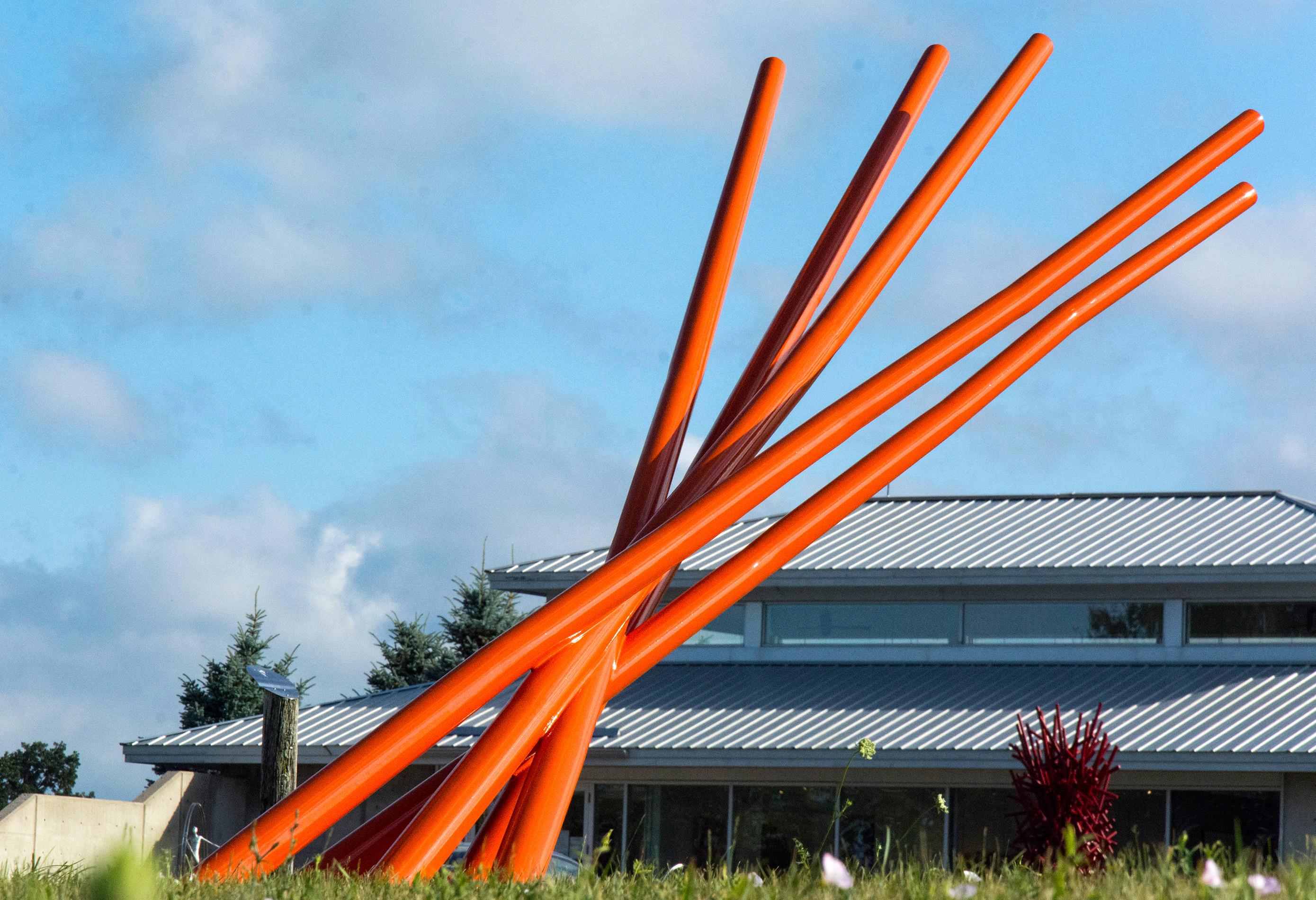 Tilted Orange - Tall, bright, glossy, geometric abstract, coated steel sculpture - Sculpture by Shayne Dark