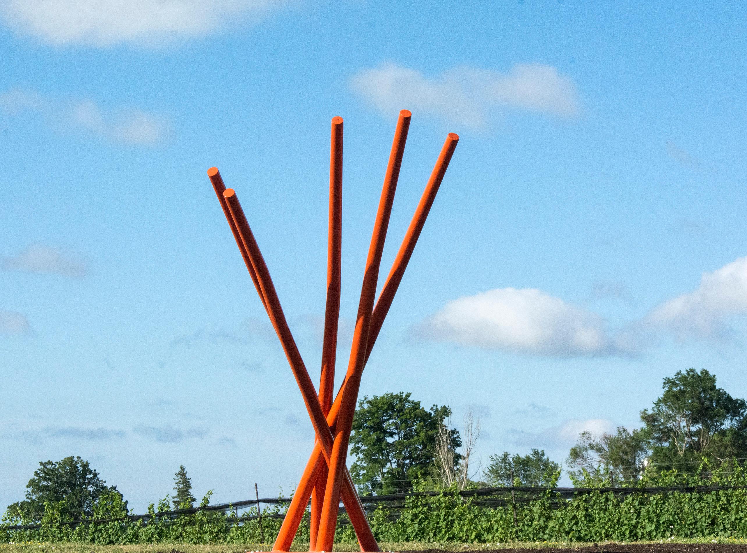 Tilted Orange - Tall, bright, glossy, geometric abstract, coated steel sculpture - Contemporary Sculpture by Shayne Dark