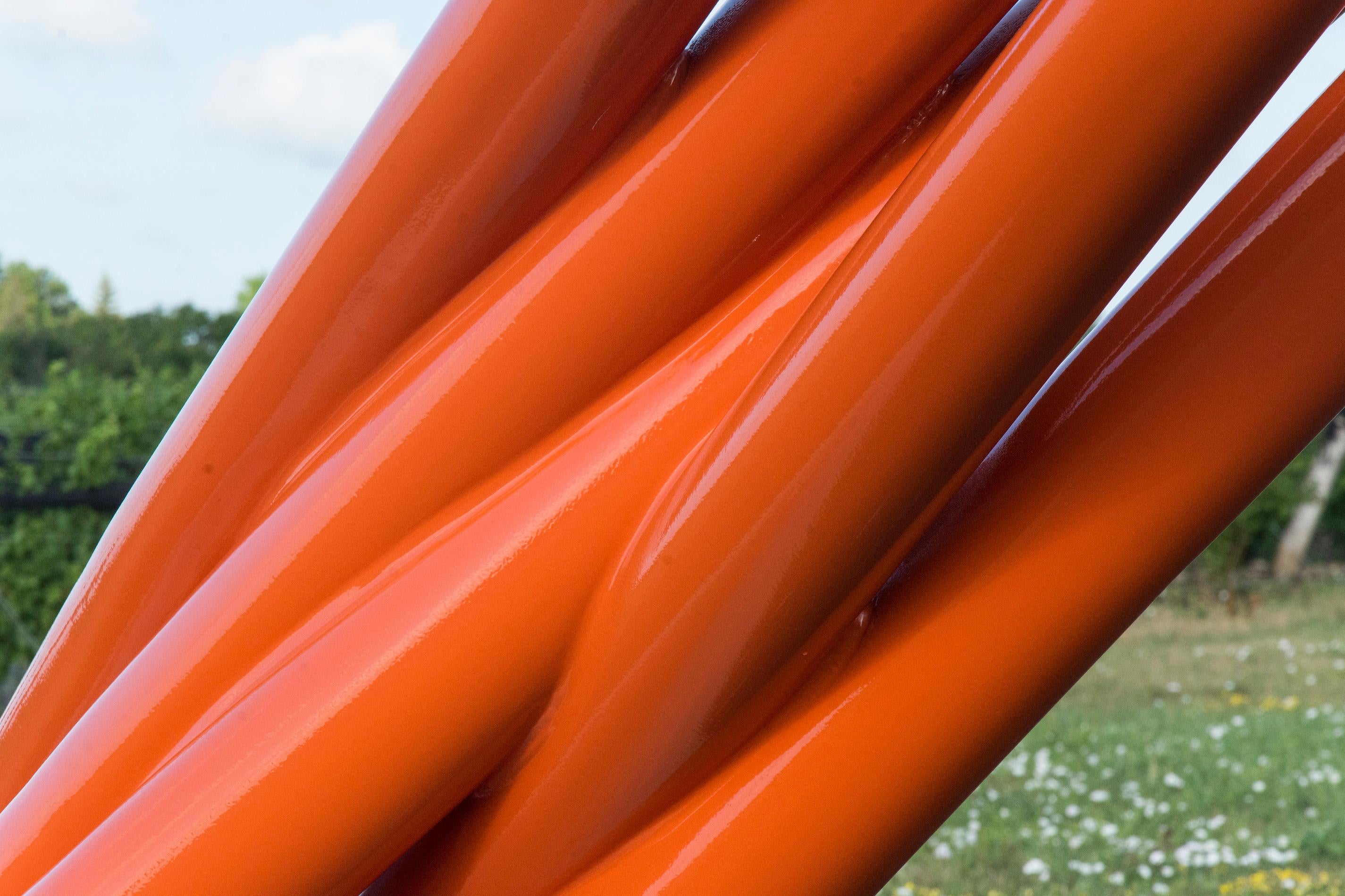 Tilted Orange - Tall, bright, glossy, geometric abstract, coated steel sculpture - Blue Abstract Sculpture by Shayne Dark