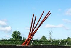 Tilted Orange - Tall, bright, glossy, geometric abstract, coated steel sculpture