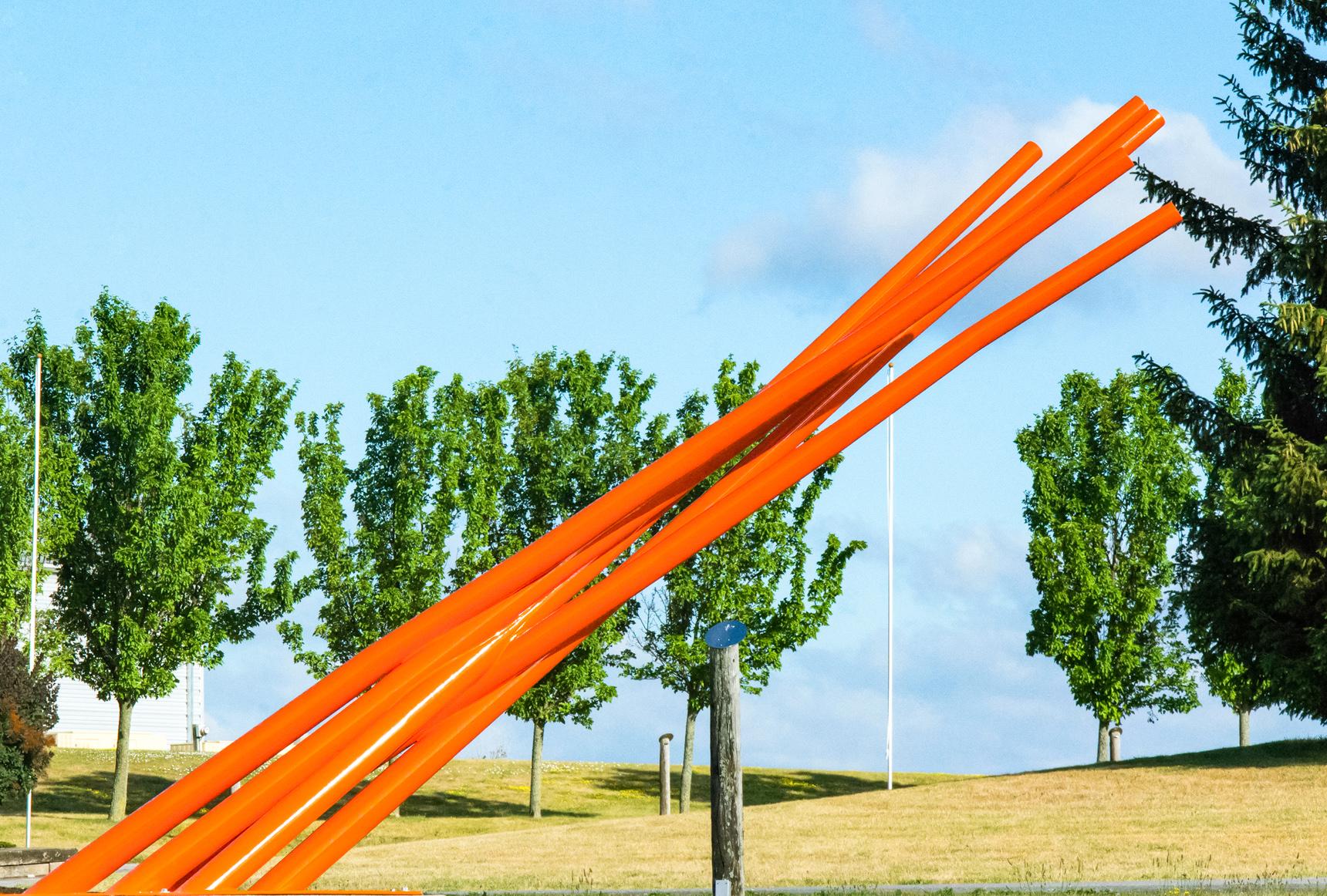 Tilted Orange - contemporary, geometric abstract, coated steel outdoor sculpture - Contemporary Sculpture by Shayne Dark